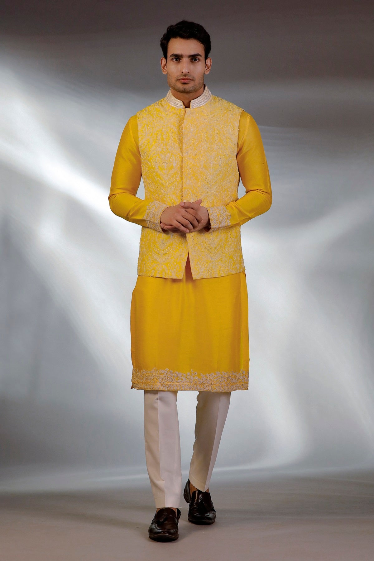 YELLOW HAND EMBROIDERED JACKET KURTA SET