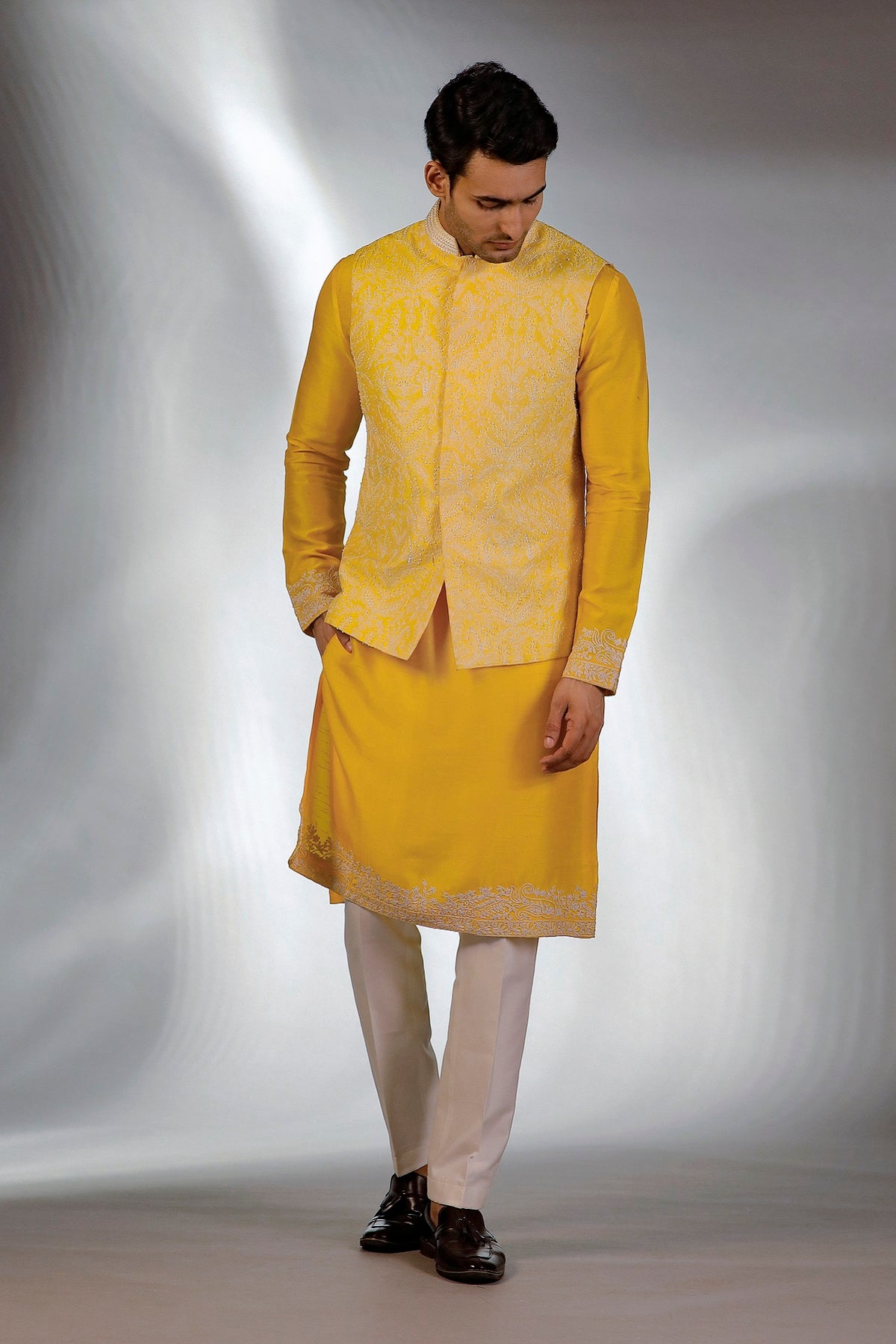 YELLOW HAND EMBROIDERED JACKET KURTA SET