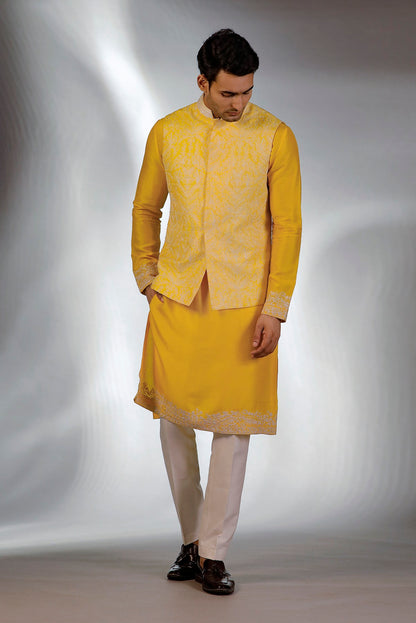 YELLOW HAND EMBROIDERED JACKET KURTA SET