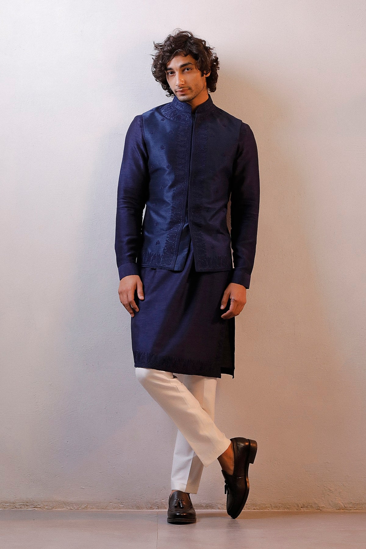 BLUE HAND EMBROIDERED JACKET KURTA SET