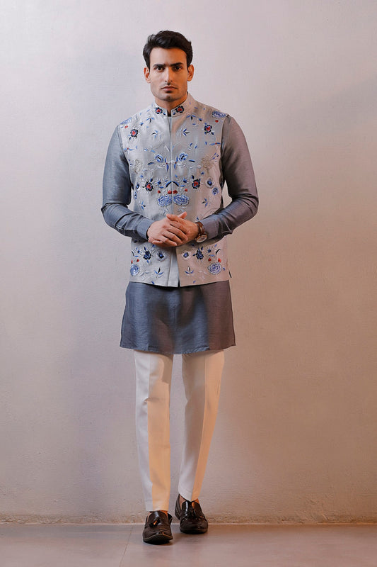 GREY NEHRU JACKET KURTA SET