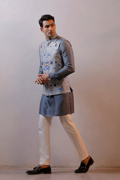 GREY NEHRU JACKET KURTA SET