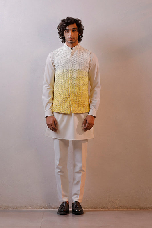 YELLOW OMBRE JACKET IVORY KURTA SET