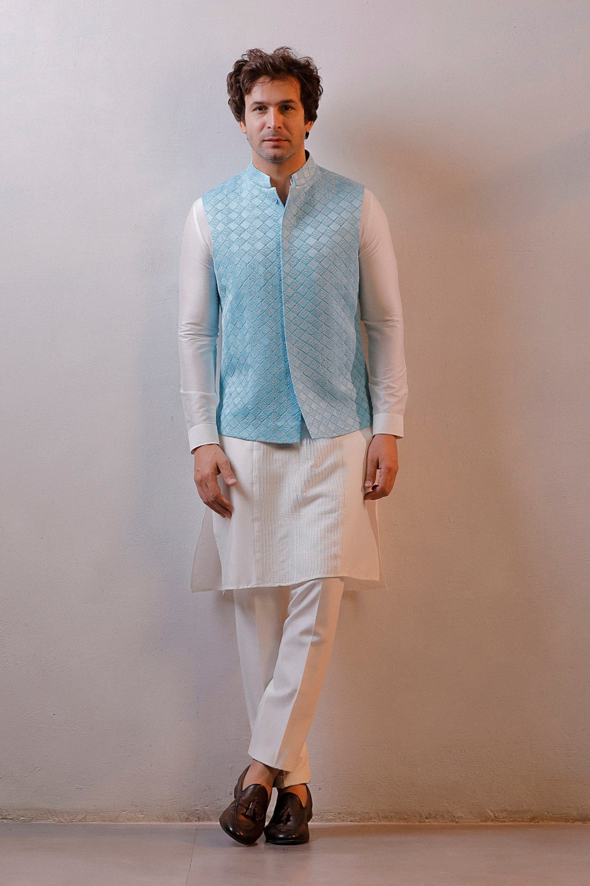 LIGHT BLUE JACKET IVORY KURTA SET