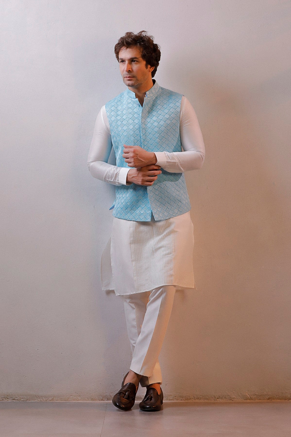LIGHT BLUE JACKET IVORY KURTA SET
