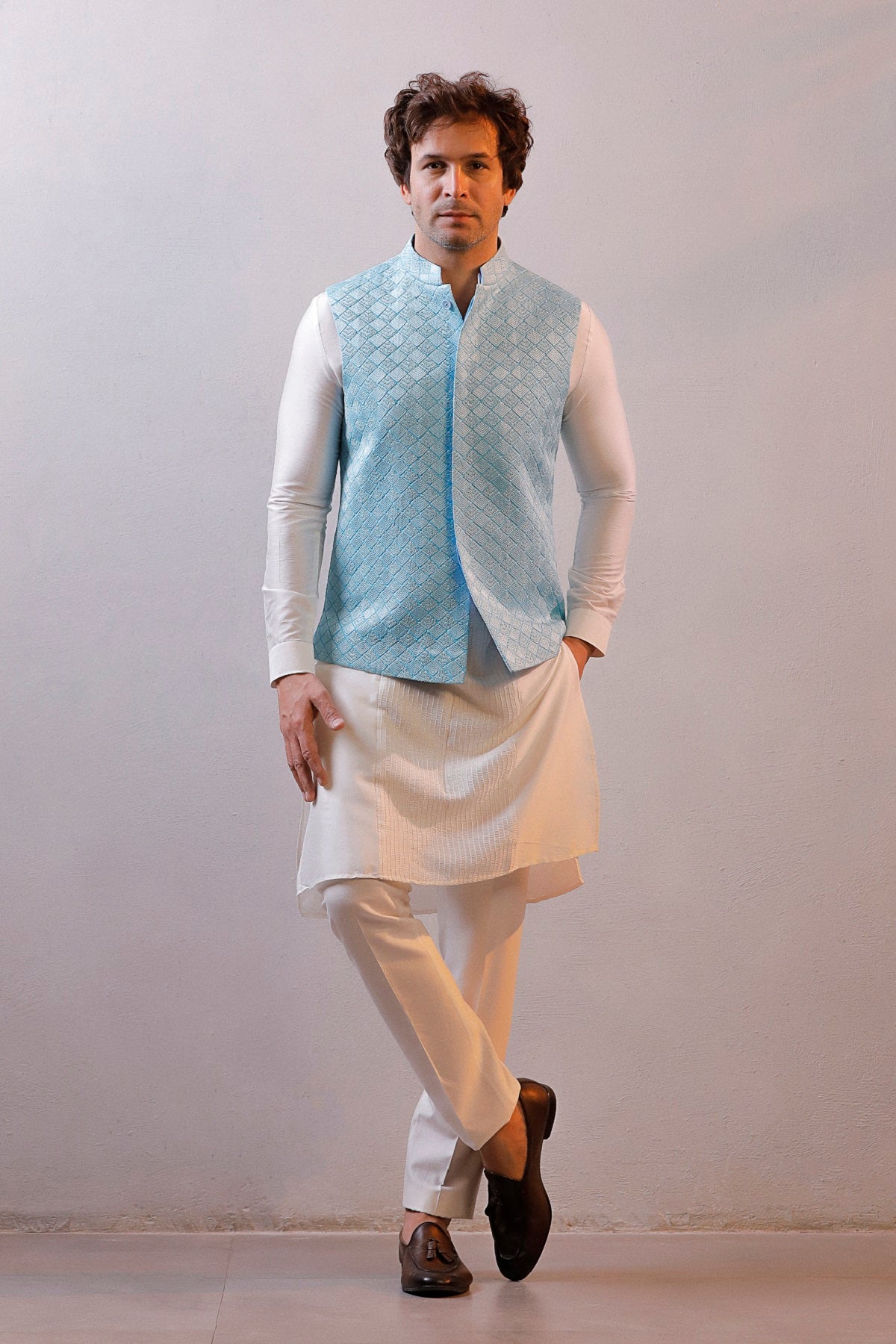 LIGHT BLUE JACKET IVORY KURTA SET