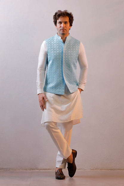 LIGHT BLUE JACKET IVORY KURTA SET