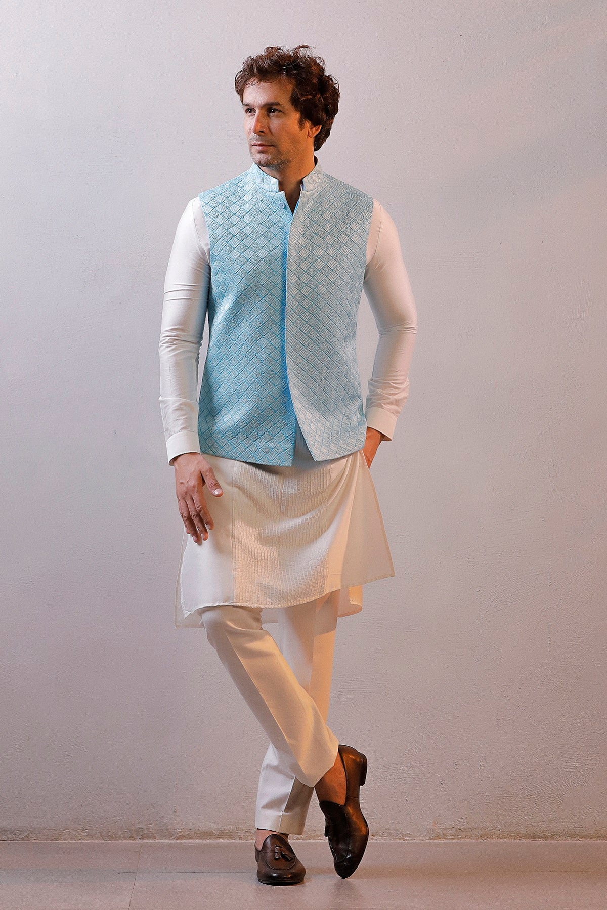LIGHT BLUE JACKET IVORY KURTA SET