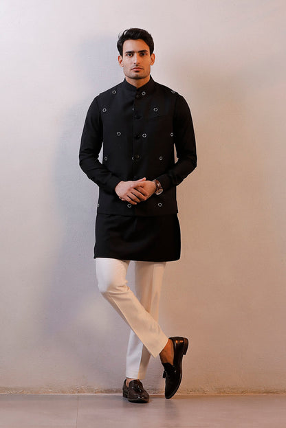 BLACK HAND EMBROIDERED NEHRU JACKET SET