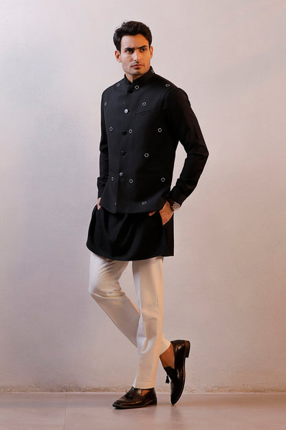 BLACK HAND EMBROIDERED NEHRU JACKET SET