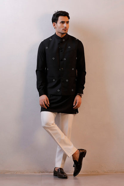 BLACK HAND EMBROIDERED NEHRU JACKET SET