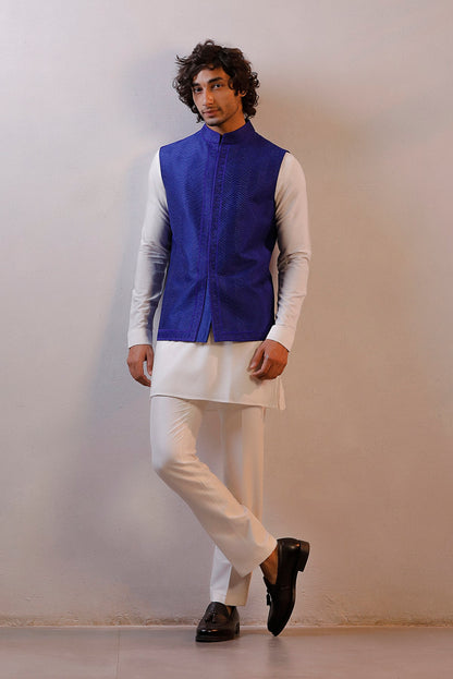 BLUE HAND EMBROIDERED IVORY JACKET KURTA SET