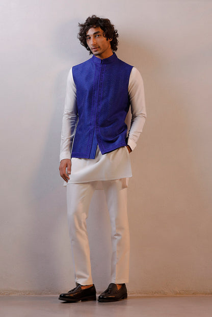 BLUE HAND EMBROIDERED IVORY JACKET KURTA SET