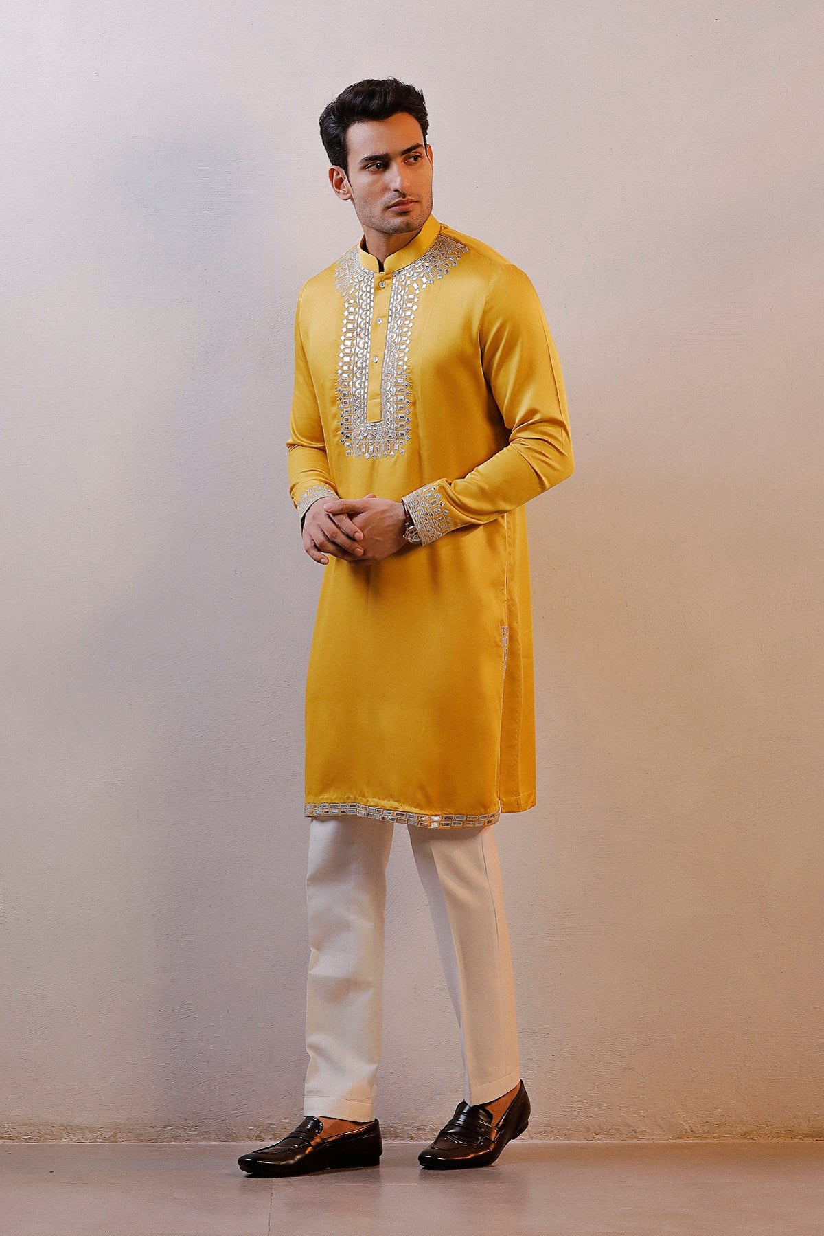 MUSTARD YELLOW LEATHER WORK KURTA SET