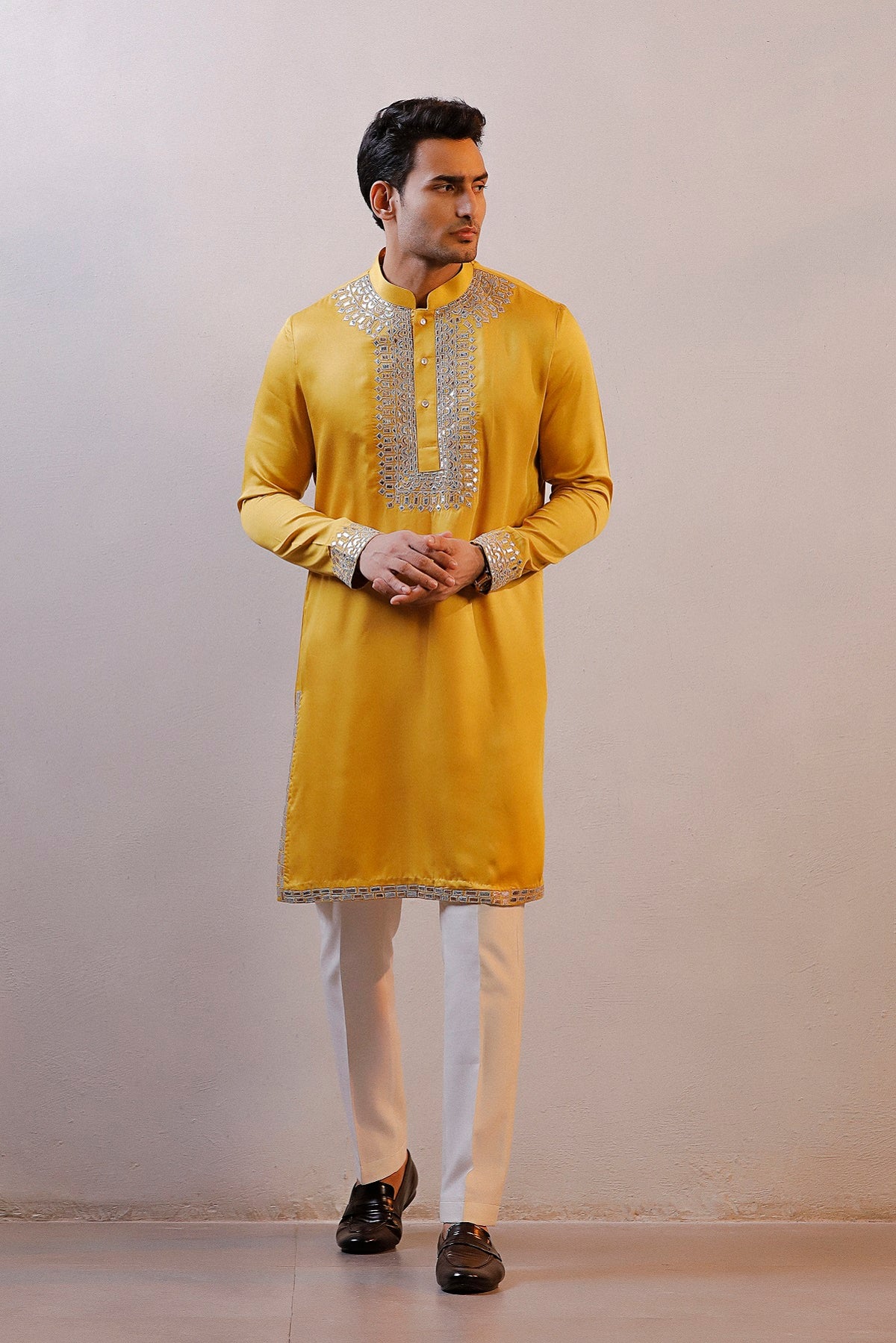 MUSTARD YELLOW LEATHER WORK KURTA SET