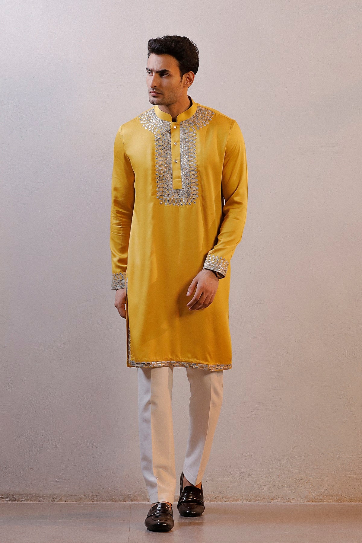 MUSTARD YELLOW LEATHER WORK KURTA SET