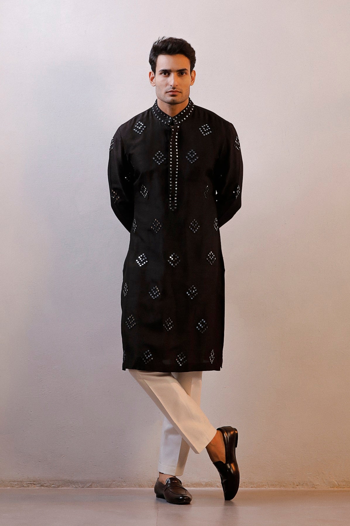 BLACK SATIN MIRROR WORK KURTA SET