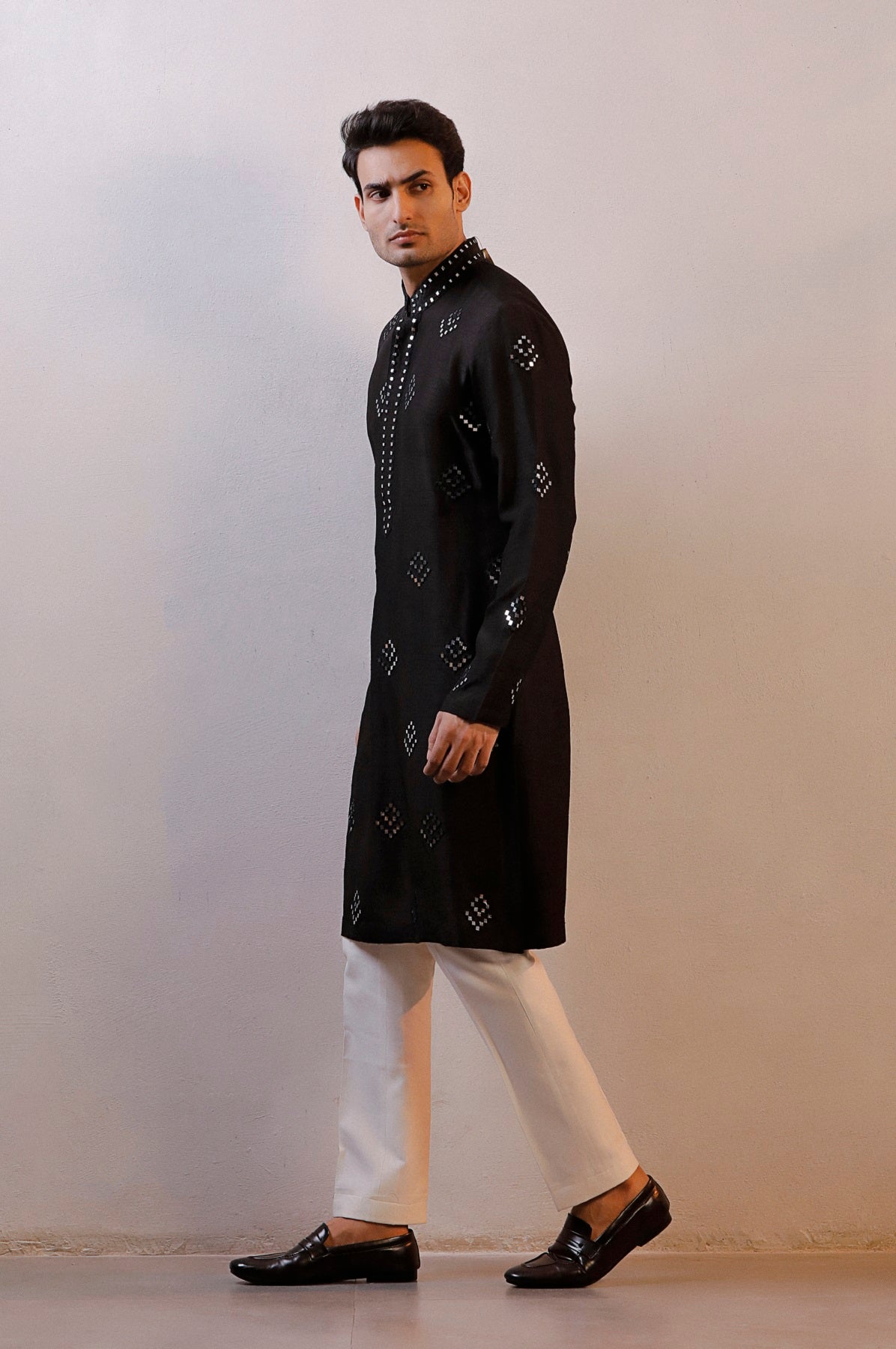 BLACK SATIN MIRROR WORK KURTA SET