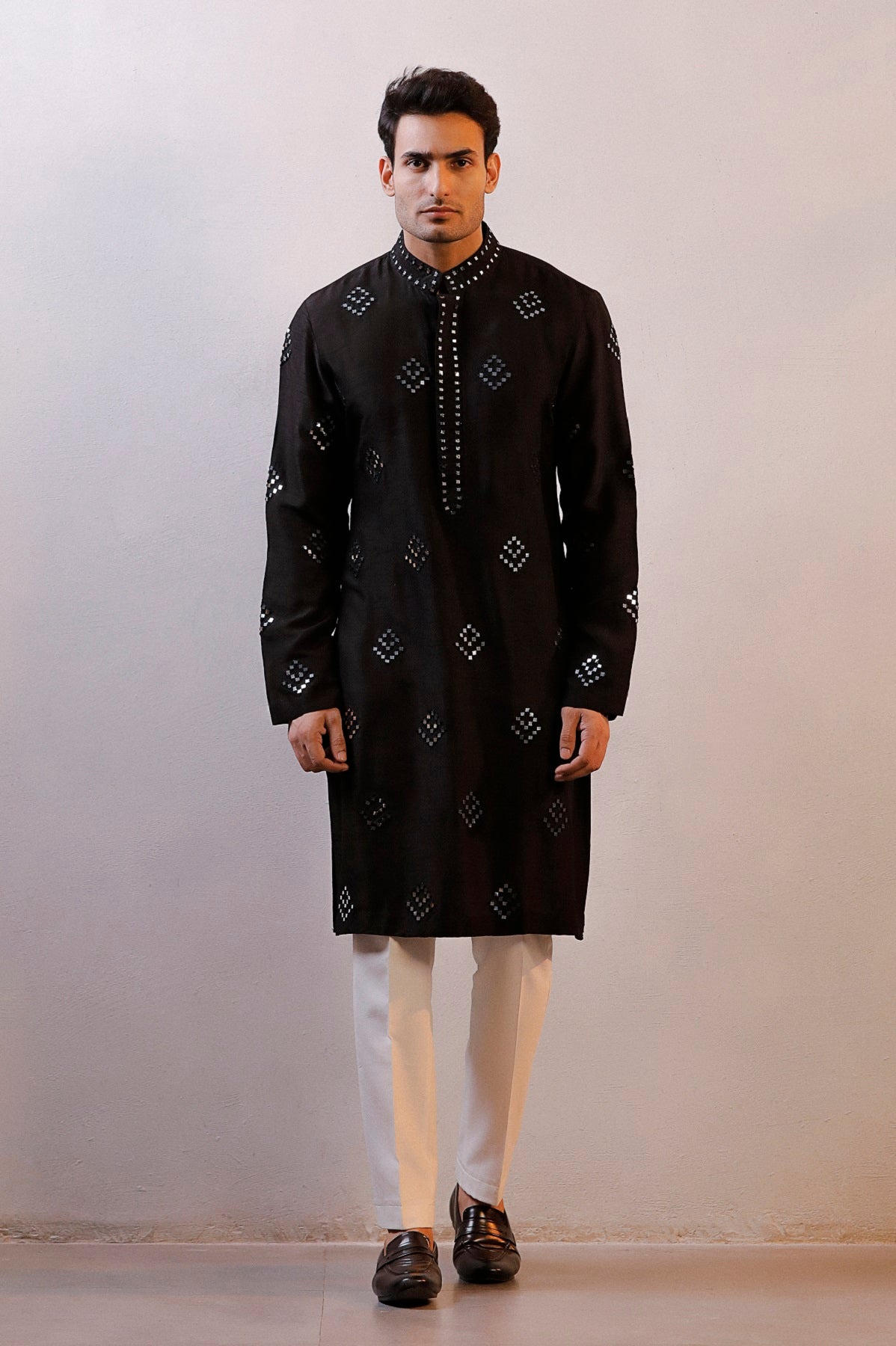 BLACK SATIN MIRROR WORK KURTA SET