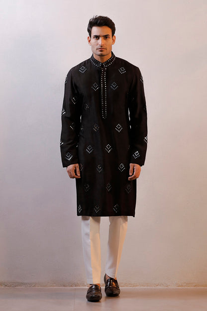 BLACK SATIN MIRROR WORK KURTA SET