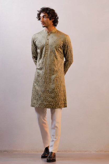 OLIVE GREEN GOLDEN THREAD KURTA SET