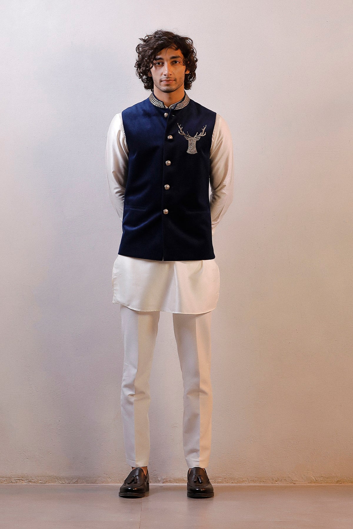 BLUE VELVET JACKET IVORY KURTA SET