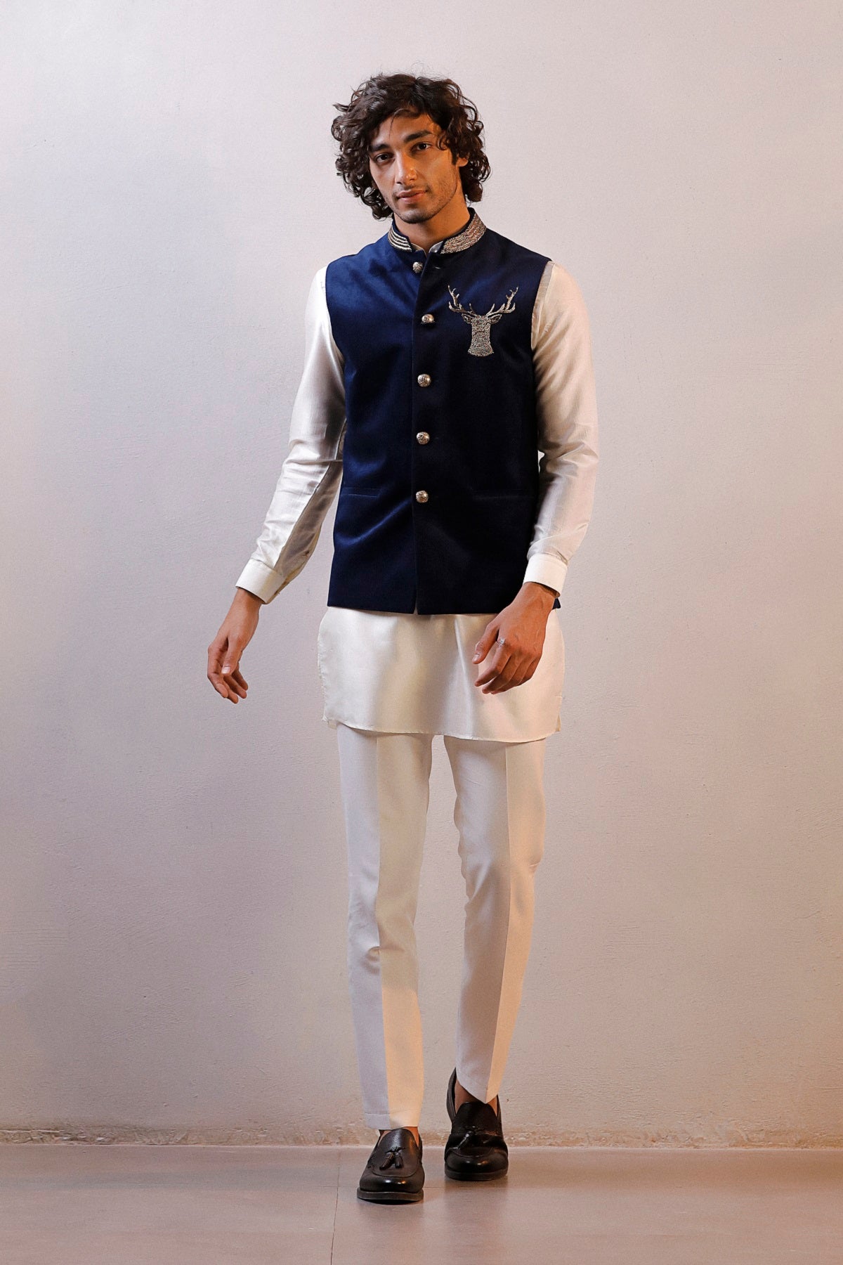 BLUE VELVET JACKET IVORY KURTA SET