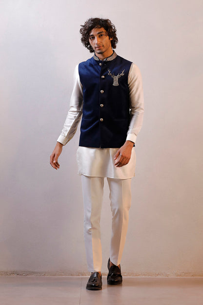 BLUE VELVET JACKET IVORY KURTA SET