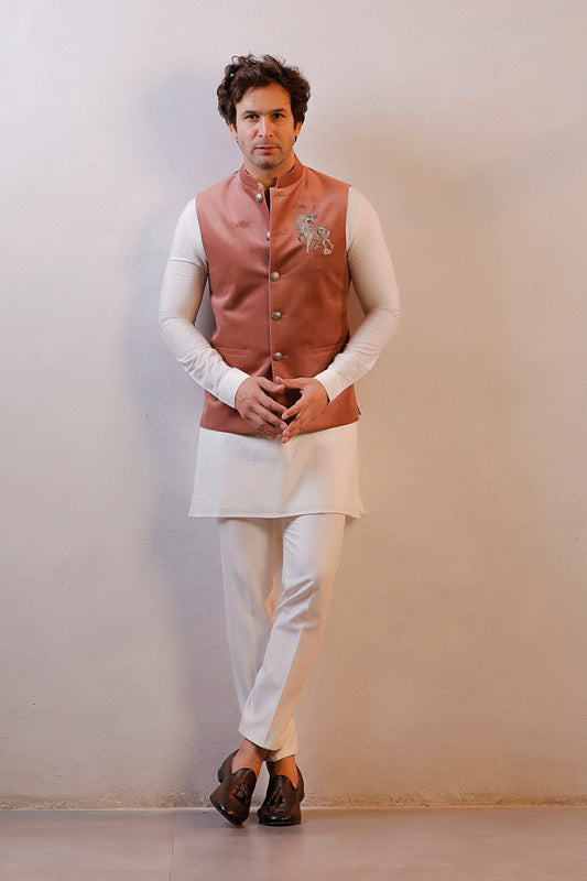 PEACH VELVET JACKET IVORY KURTA SET