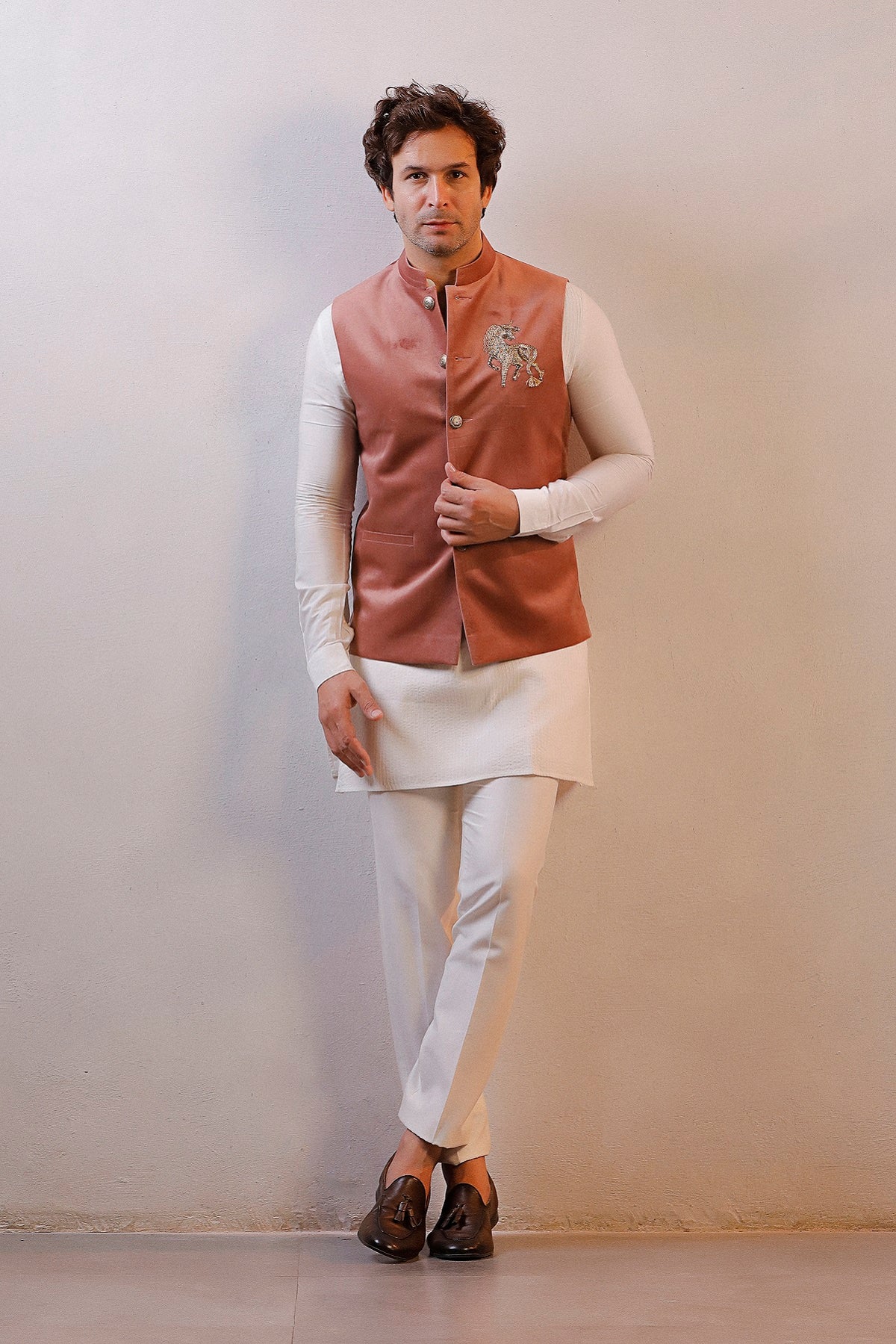 PEACH VELVET JACKET IVORY KURTA SET