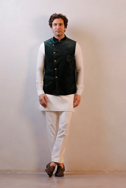 GREEN VELVET JACKET IVORY KURTA SET