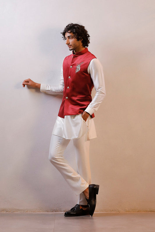 MAROON VELVET JACKET IVORY NEHRU SET