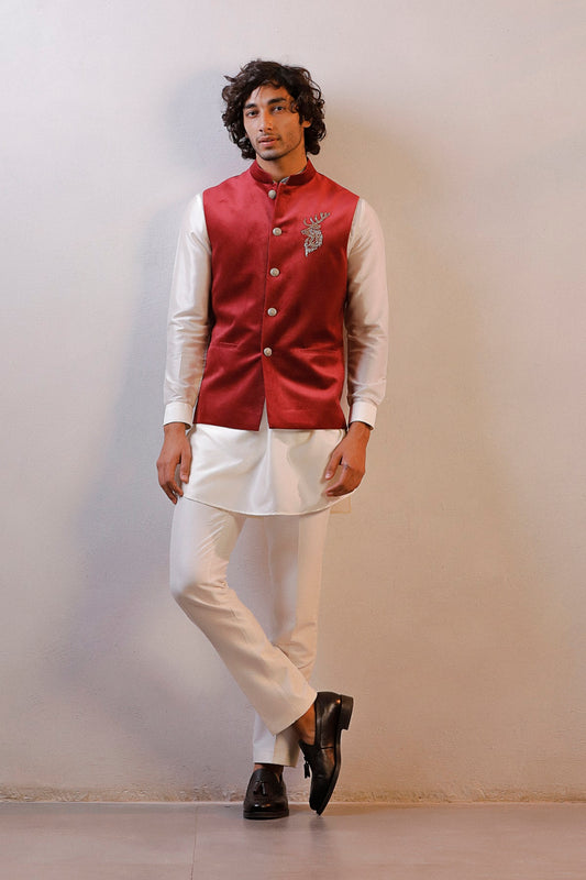 MAROON VELVET JACKET IVORY NEHRU SET