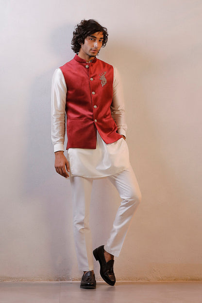 MAROON VELVET JACKET IVORY NEHRU SET