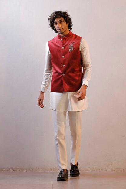 MAROON VELVET JACKET IVORY NEHRU SET