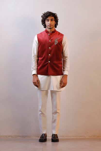 MAROON VELVET JACKET IVORY NEHRU SET