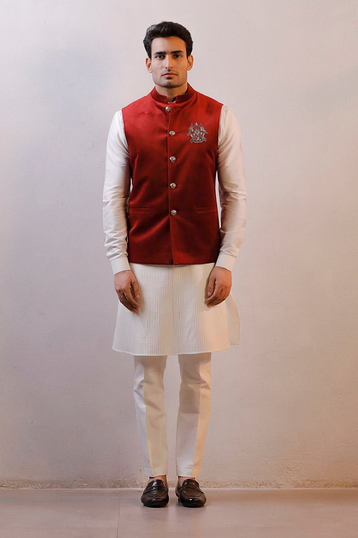 MAROON VELVET JACKET IVORY KURTA SET