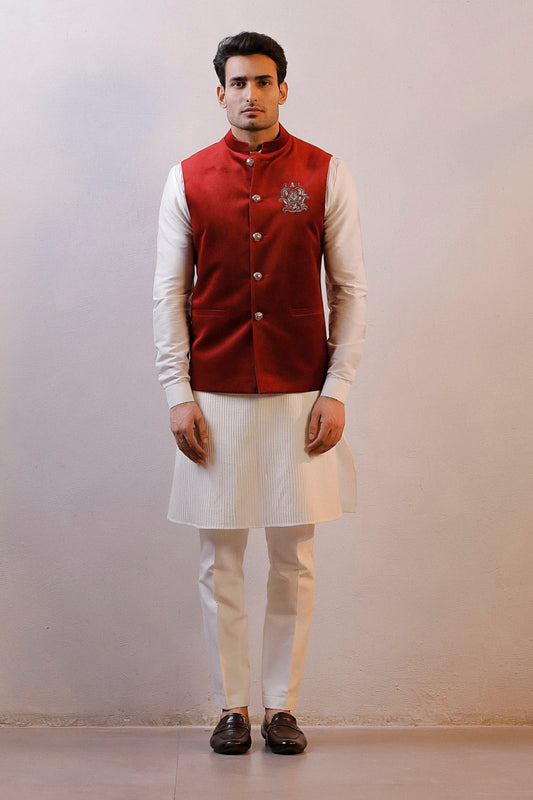 MAROON VELVET JACKET IVORY KURTA SET