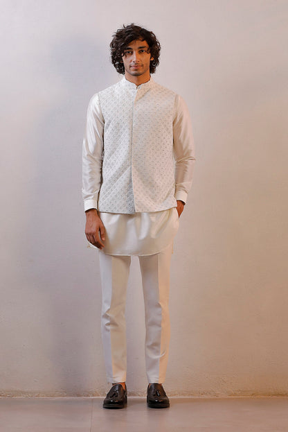 WHITE HAND EMBORIDERED NEHRU JACKET KURTA SET