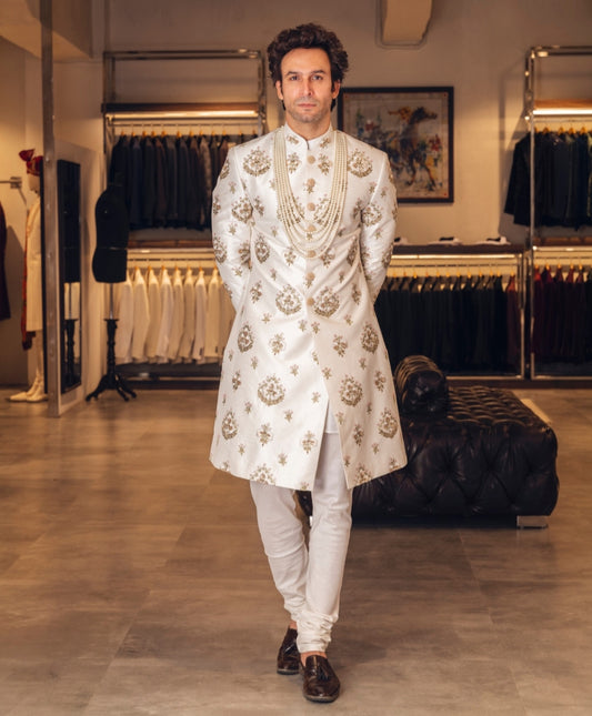 WHITE THREAD WITH ZARI HAND EMBROIDERED SHERWANI