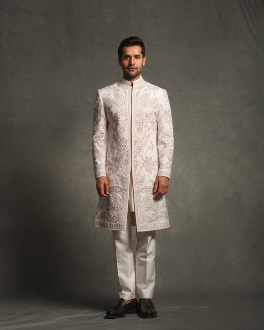 IVORY GLASS CUT EMBROIDERY SHERWANI