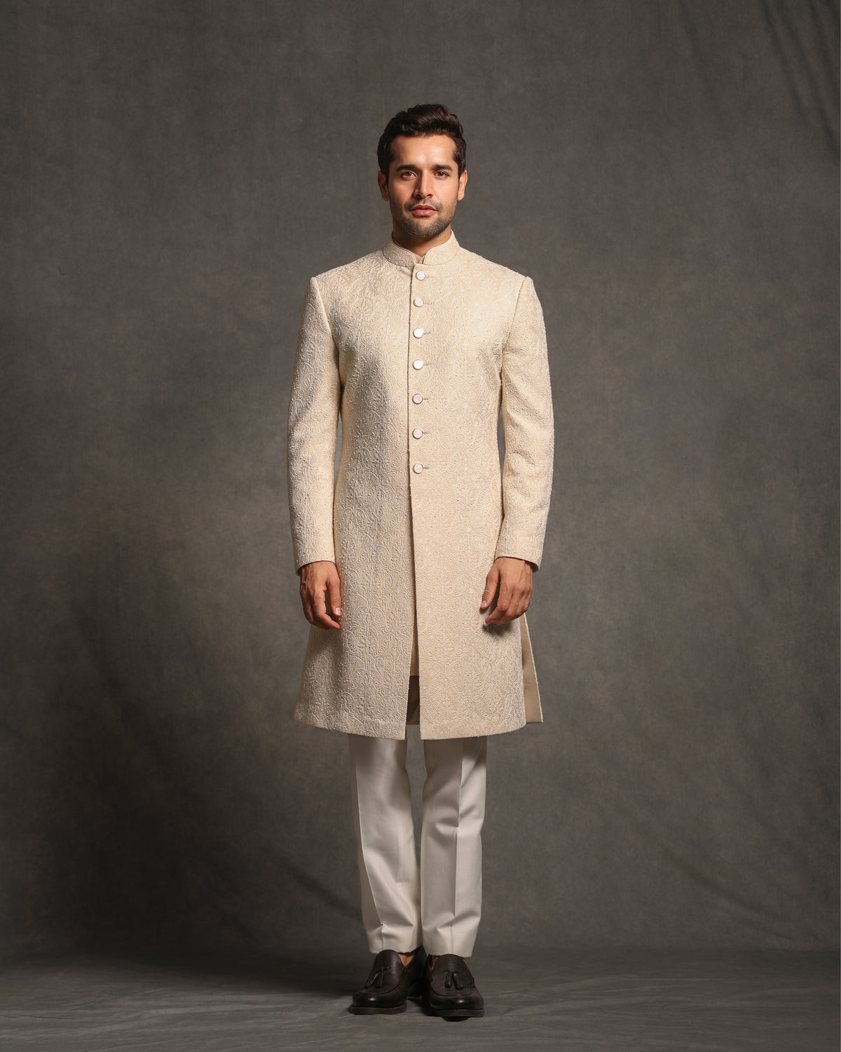 BEIGE CHIKANKARI WITH BREAD EMBROIDERY SHERWANI