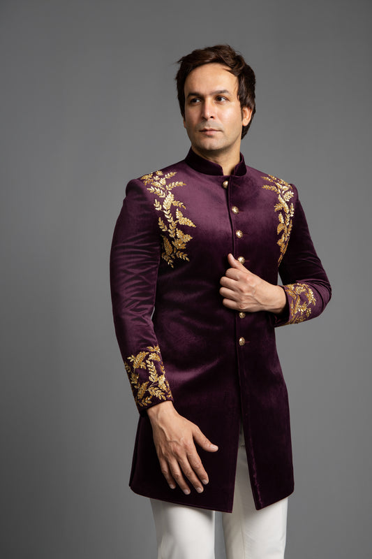 WINE VELVET GOLDEN SEQUNCE EMBROIDERY INDOWESTERN