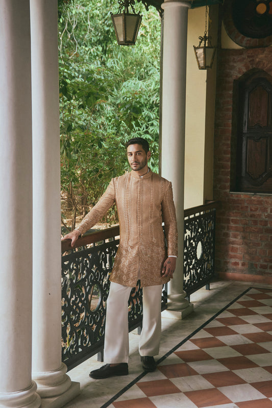 GOLDEN  GEORGETTE  GLASS EMBROIDERY INDOWESTERN SET