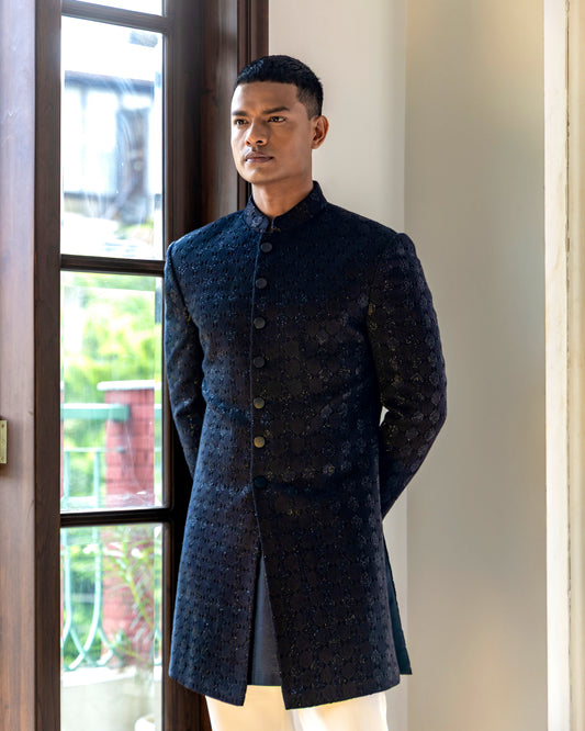 BLACK THREAD EMBROIDERY WITH GLASS CUT WORK INDOWESTERN SET