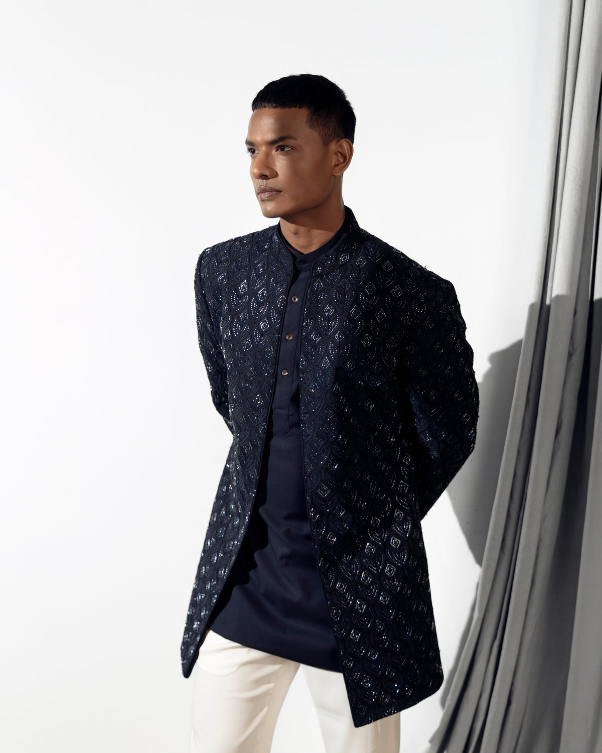 DARK BLUE THREAD EMBROIDERY WITH GLASS CUT OPEN INDOWESTERN