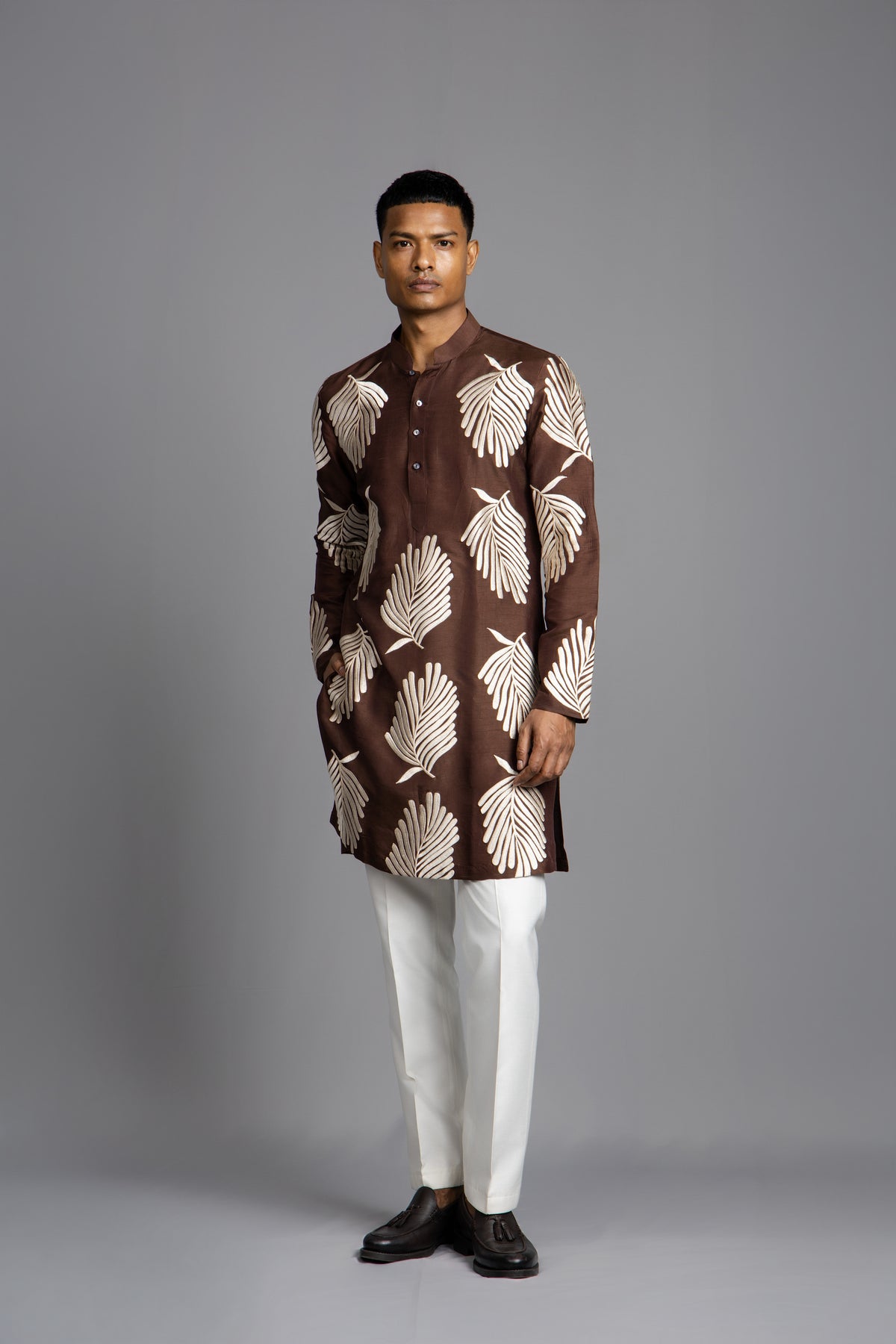 BROWN LEAF THREAD EMBROIDERY KURTA AND WHITE PANT