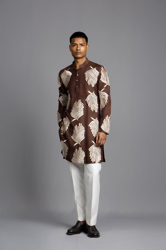 BROWN LEAF THREAD EMBROIDERY KURTA AND WHITE PANT