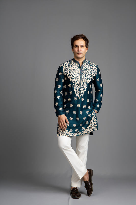 PEACOCK GREEN THREAD EMBROIDERY KURTA  SET