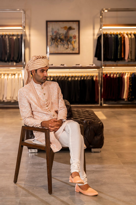 PEACH THREAD EMBROIDERY SHERWANI SET